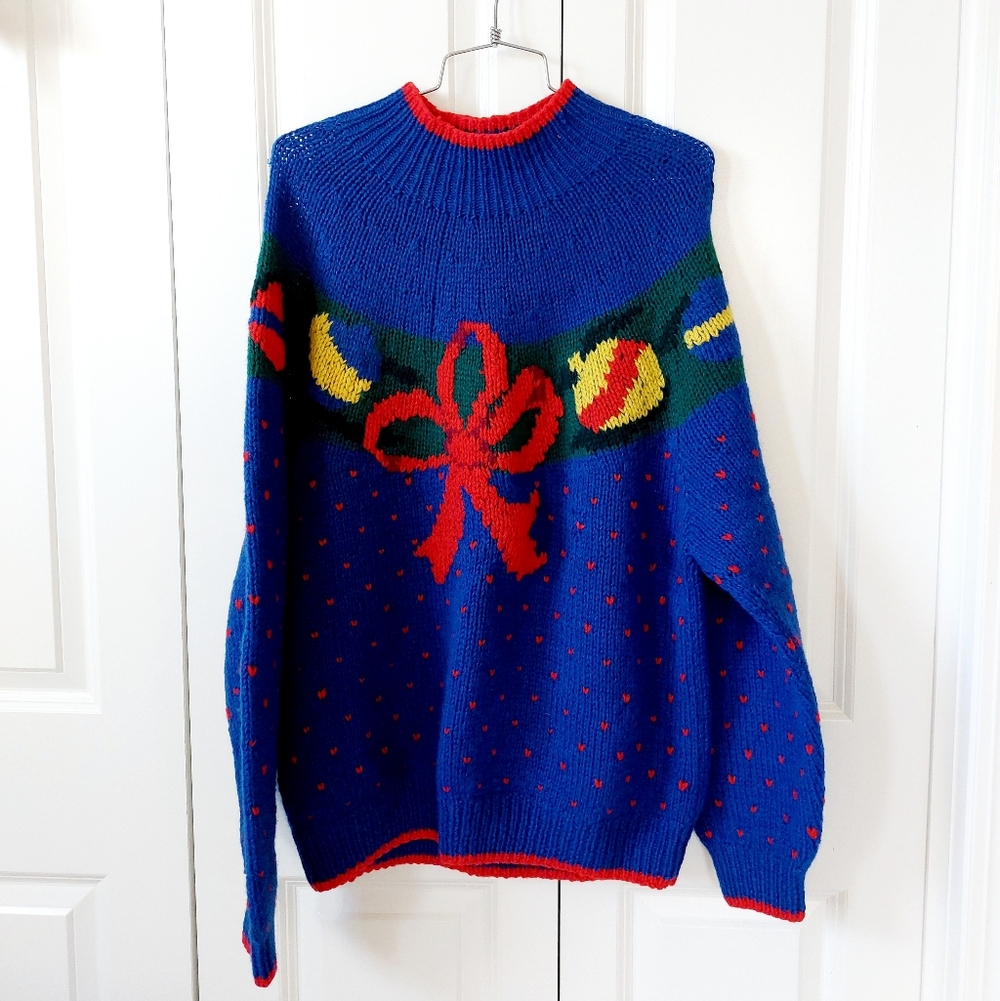 Ornaments &‎ Ribbon Blue Wool Christmas Sweater Large 100% Wool Brooks Brothers